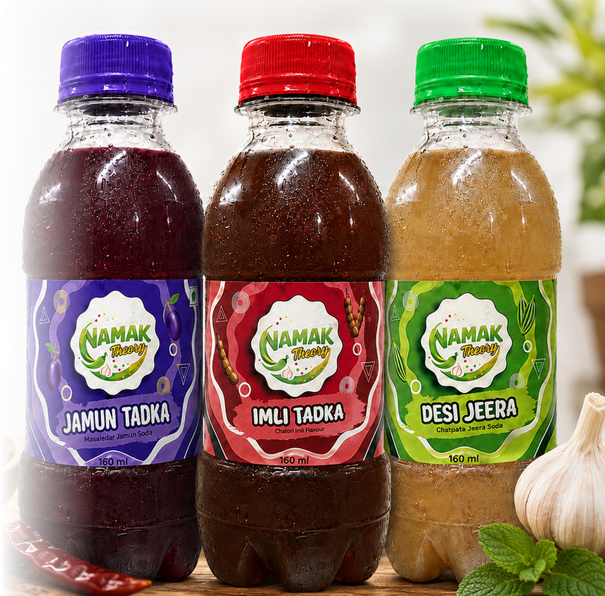 NAMAK Theory range — Jamun Tadka, Imli Tadka and Desi Jeera 160ml masala sodas with cumin, mint, chilli and garlic